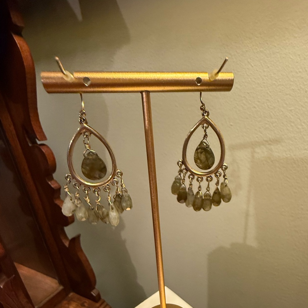 Vintage Antique Gold and Gray/Green Chandelier Teardrop Earrings - Picture 6 of 7